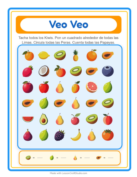 Vista previa de la hoja de Busca Y Cuenta con Frutas para preescolar