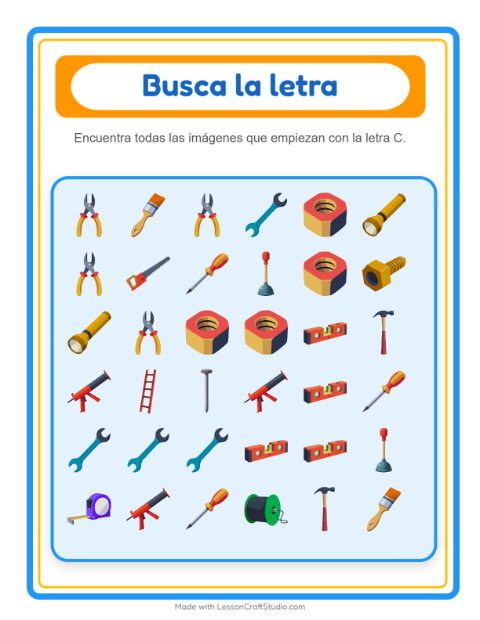 Vista previa de la hoja de Busca Y Cuenta con Herramientas para preescolar