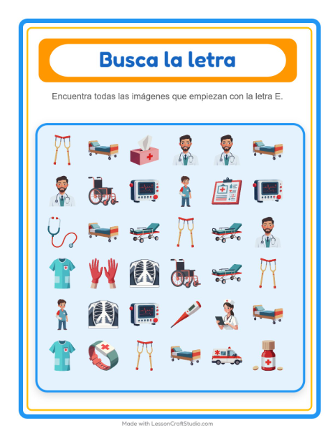 Vista previa de la hoja de Busca Y Cuenta con Hospital para preescolar