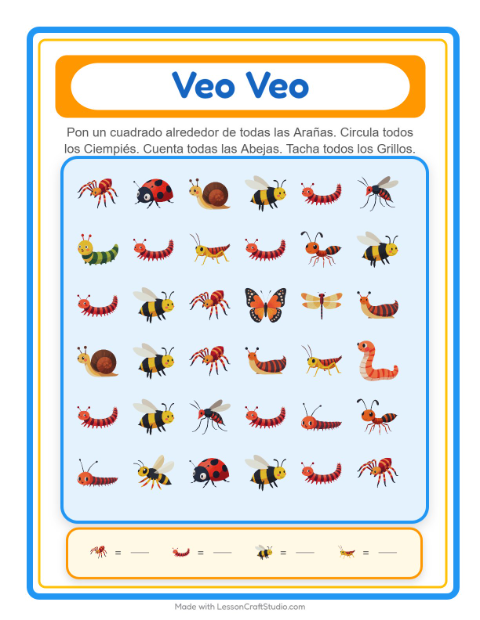 Vista previa de la hoja de Busca Y Cuenta con Insectos y bichos para preescolar