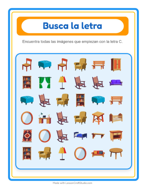 Vista previa de la hoja de Busca Y Cuenta con Muebles para preescolar