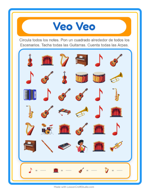 Vista previa de la hoja de Busca Y Cuenta con Música para preescolar