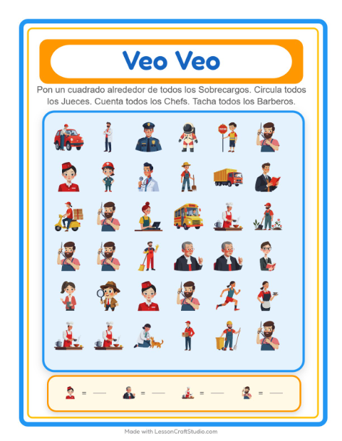 Vista previa de la hoja de Busca Y Cuenta con Ocupaciones para preescolar