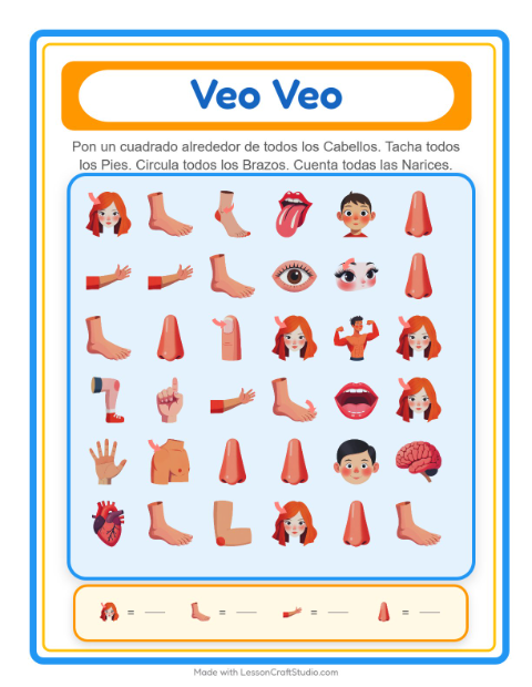 Vista previa de la hoja de Busca Y Cuenta con Partes del cuerpo para preescolar