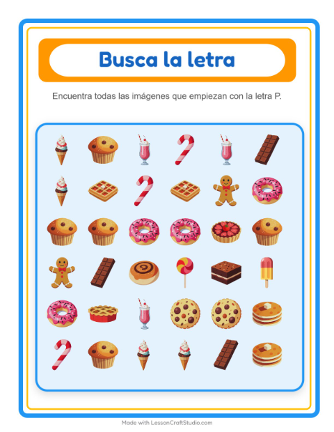 Vista previa de la hoja de Busca Y Cuenta con Postres y dulces para preescolar