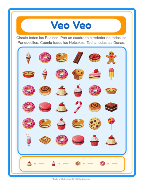 Vista previa de la hoja de Busca Y Cuenta con Postres y dulces para preescolar