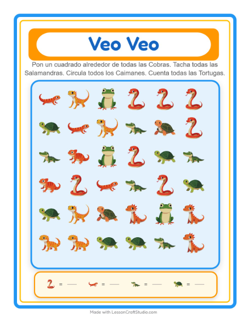 Vista previa de la hoja de Busca Y Cuenta con Reptiles y anfibios para preescolar
