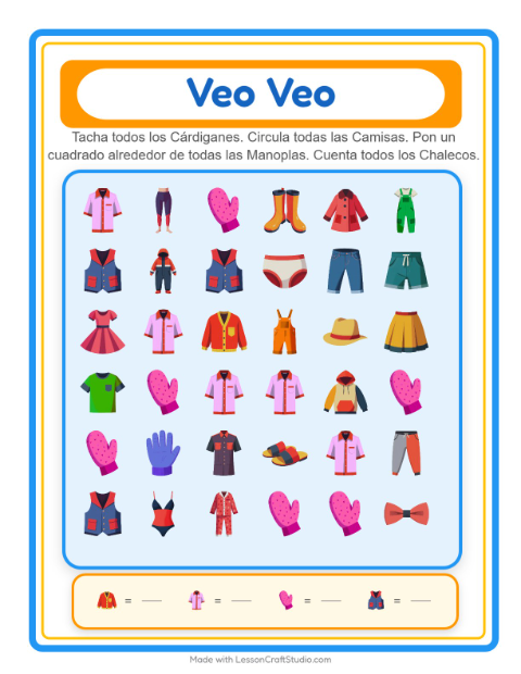 Vista previa de la hoja de Busca Y Cuenta con Ropa para preescolar