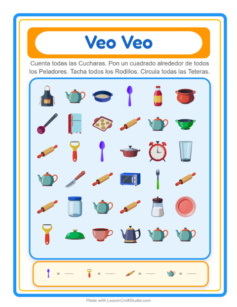 Vista previa de la hoja de Busca Y Cuenta con Utensilios de cocina para preescolar