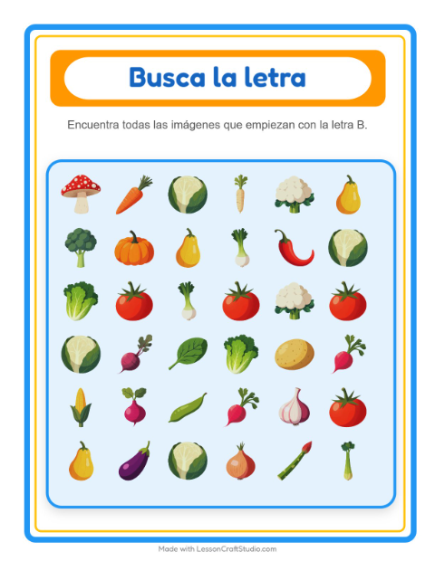 Vista previa de la hoja de Busca Y Cuenta con Verduras para preescolar