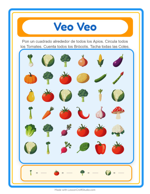 Vista previa de la hoja de Busca Y Cuenta con Verduras para preescolar