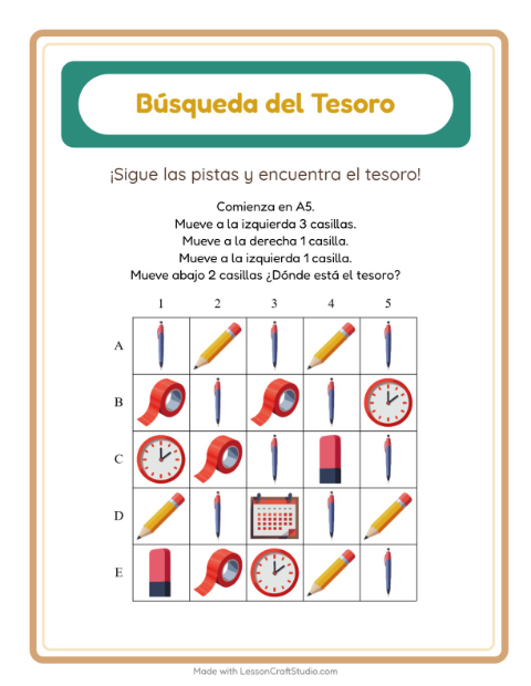 Vista previa de la hoja de Búsqueda Del Tesoro con Accesorios para grado 1