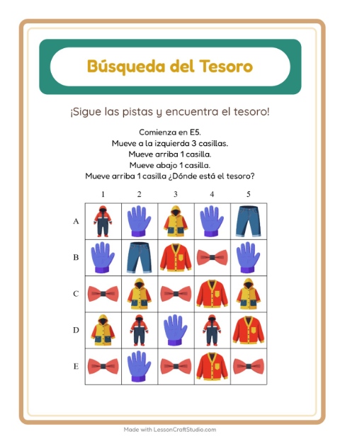 Vista previa de la hoja de Búsqueda Del Tesoro con Accesorios para grado 1