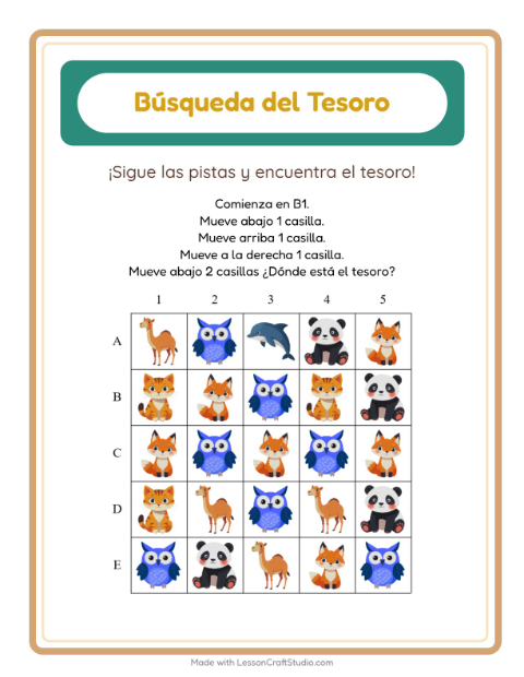 Vista previa de la hoja de Búsqueda Del Tesoro con Animales para grado 1