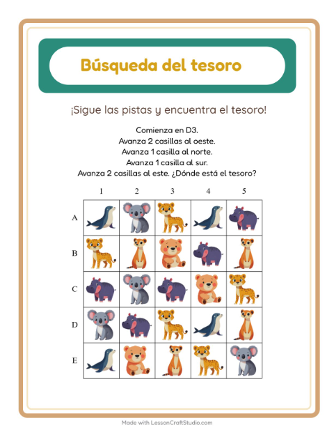 Vista previa de la hoja de Búsqueda Del Tesoro con Animales del zoológico para grado 1