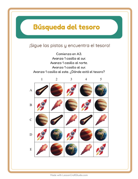Vista previa de la hoja de Búsqueda Del Tesoro con Espacio para grado 1