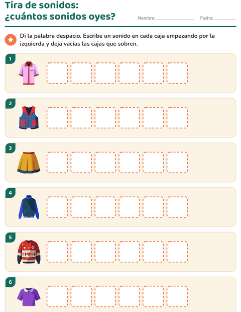 Vista previa de la hoja de Cajas de sonidos con Ropa para grado 1