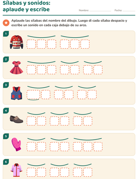 Vista previa de la hoja de Cajas de sonidos con Ropa para grado 1