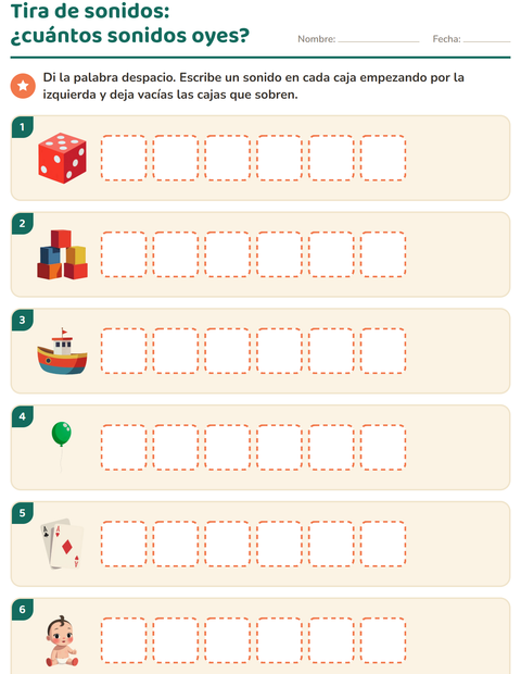Vista previa de la hoja de Cajas de sonidos con Juguetes para grado 1
