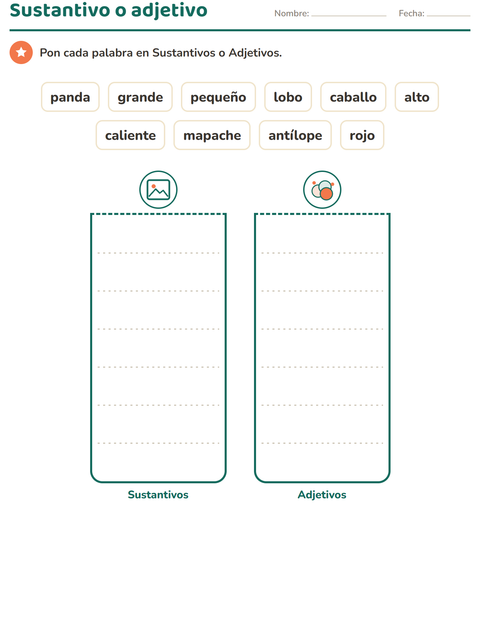 Sustantivo o adjetivo: diez palabras repartidas en dos cajas — primer grado