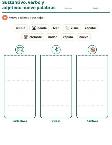 Sustantivo, verbo y adjetivo: nueve palabras para clasificar — segundo grado