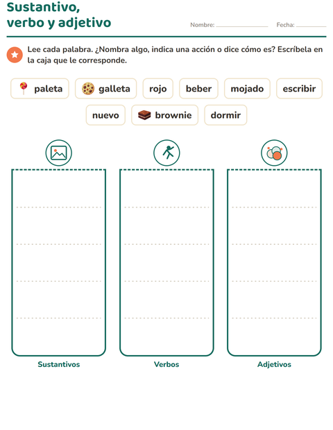 Vista previa de la hoja de Clases de palabras con Postres y dulces para grado 2