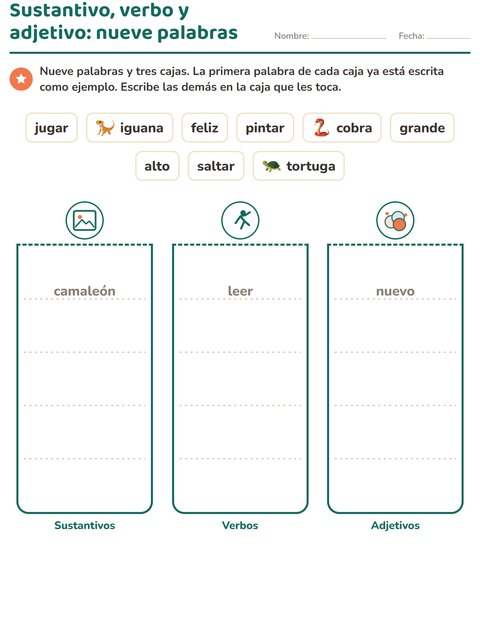 Vista previa de la hoja de Clases de palabras con Reptiles y anfibios para grado 2