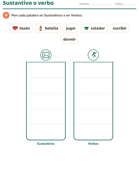 Vista previa de la hoja de Clases de palabras con Utensilios de cocina para grado 1