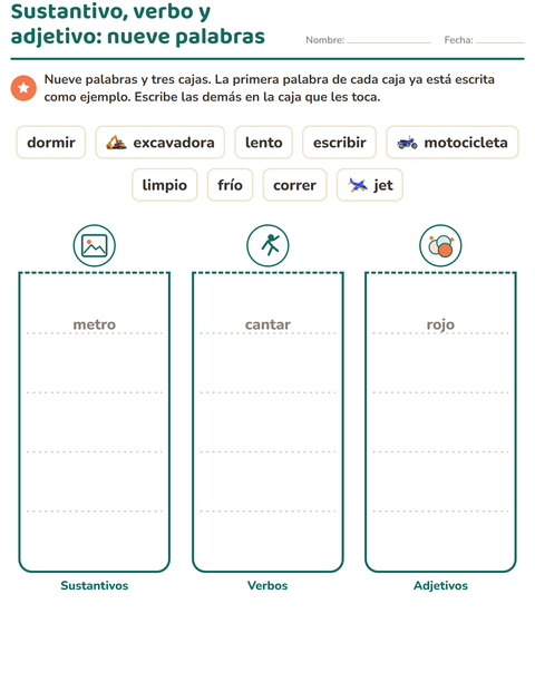 Vista previa de la hoja de Clases de palabras con Vehículos para grado 2