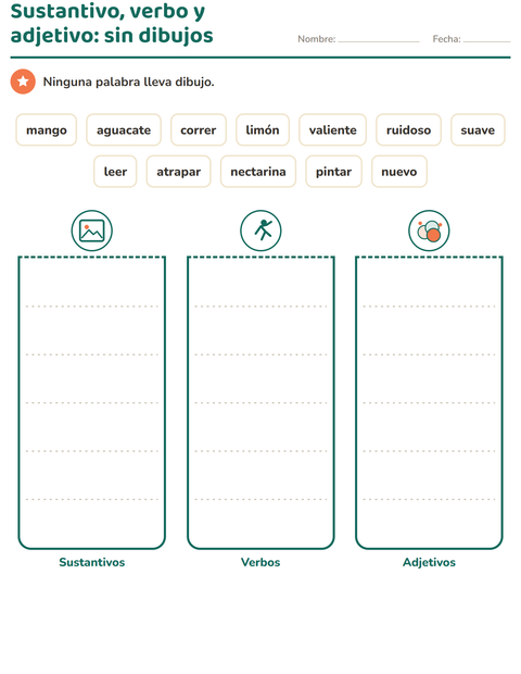 Sustantivo, verbo y adjetivo sin dibujos: doce palabras — segundo grado