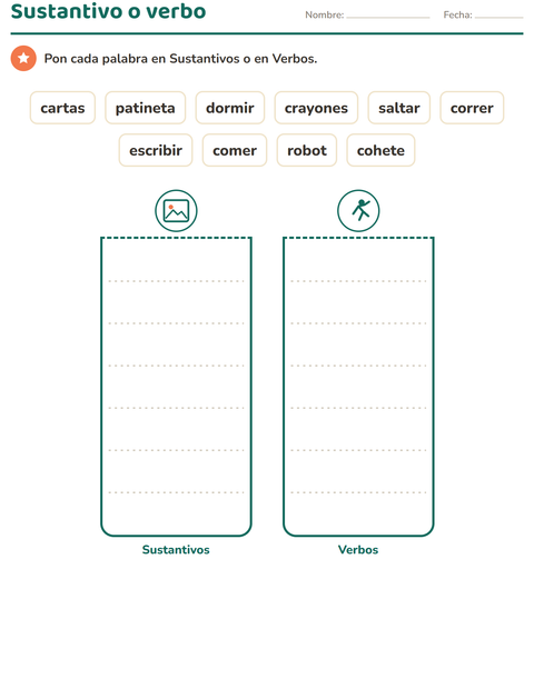 Sustantivo o verbo: diez palabras y dos cajas, sin dibujos — primer grado