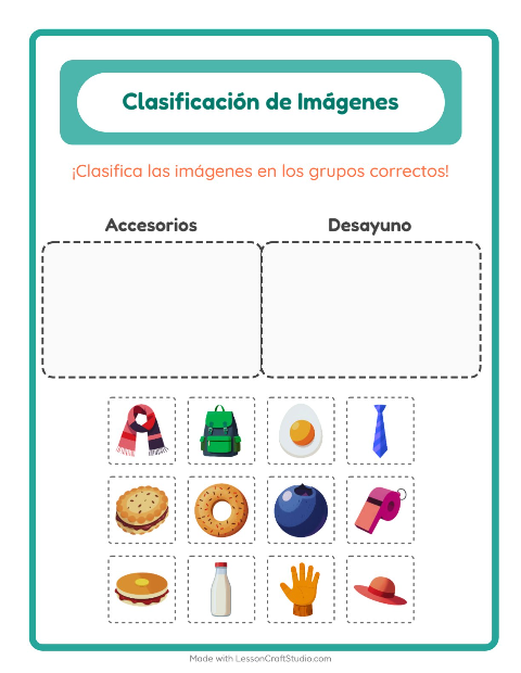 Vista previa de la hoja de Clasificar Imágenes para jardín infantil
