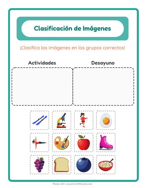 Vista previa de la hoja de Clasificar Imágenes para jardín infantil