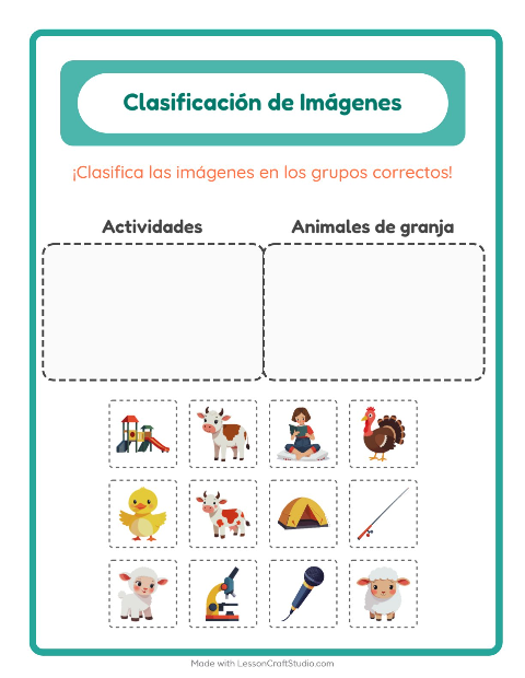 Vista previa de la hoja de Clasificar Imágenes para jardín infantil