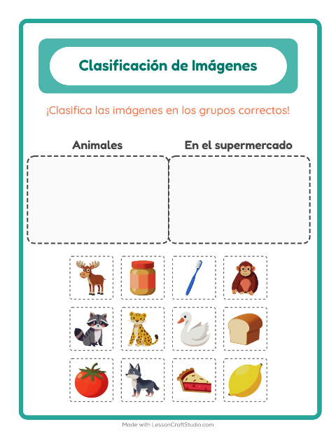Vista previa de la hoja de Clasificar Imágenes para jardín infantil