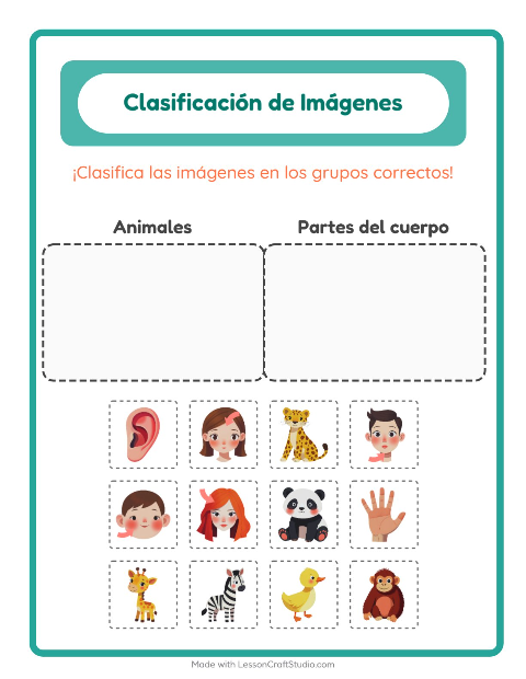 Vista previa de la hoja de Clasificar Imágenes para jardín infantil