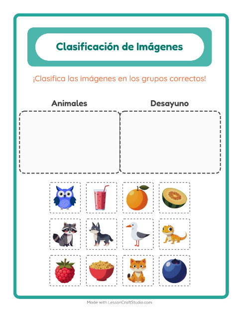 Vista previa de la hoja de Clasificar Imágenes para jardín infantil