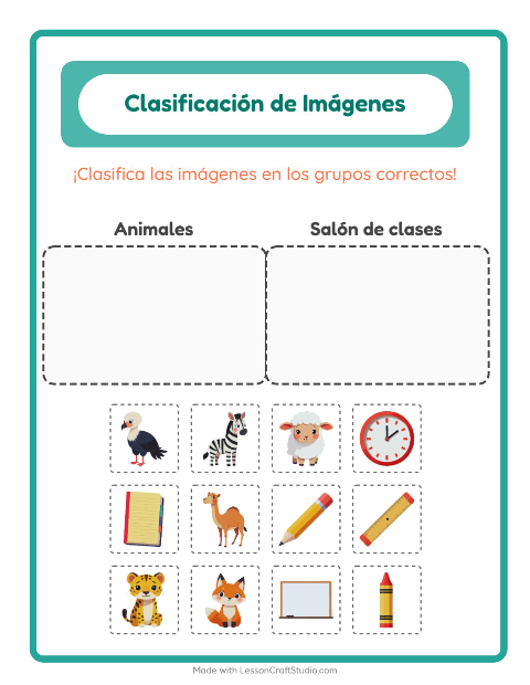 Vista previa de la hoja de Clasificar Imágenes para jardín infantil