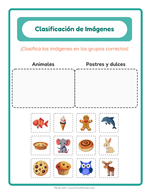 Vista previa de la hoja de Clasificar Imágenes para jardín infantil