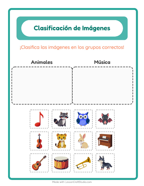 Vista previa de la hoja de Clasificar Imágenes para jardín infantil