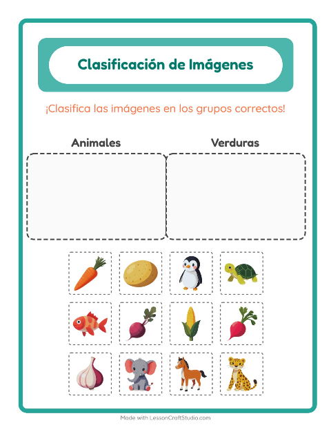 Vista previa de la hoja de Clasificar Imágenes para jardín infantil