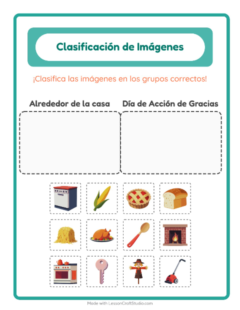 Vista previa de la hoja de Clasificar Imágenes para jardín infantil