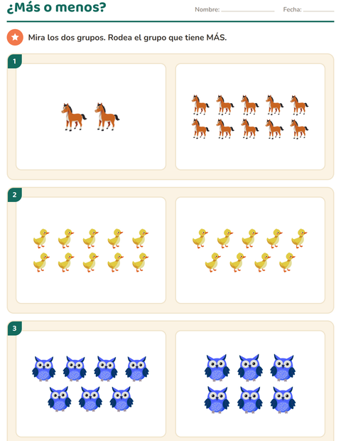 Vista previa de la hoja de Comparar cantidades con Animales para jardín infantil