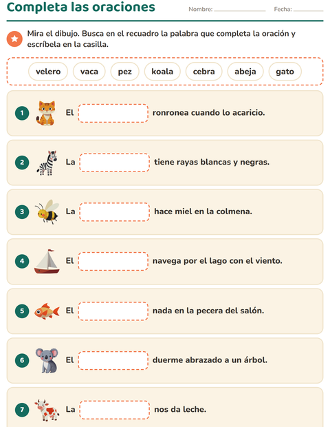 Vista previa de la hoja de Completa las oraciones para grado 1