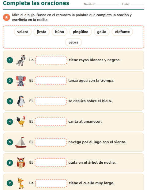 Completa las oraciones con la palabra del recuadro — primer grado