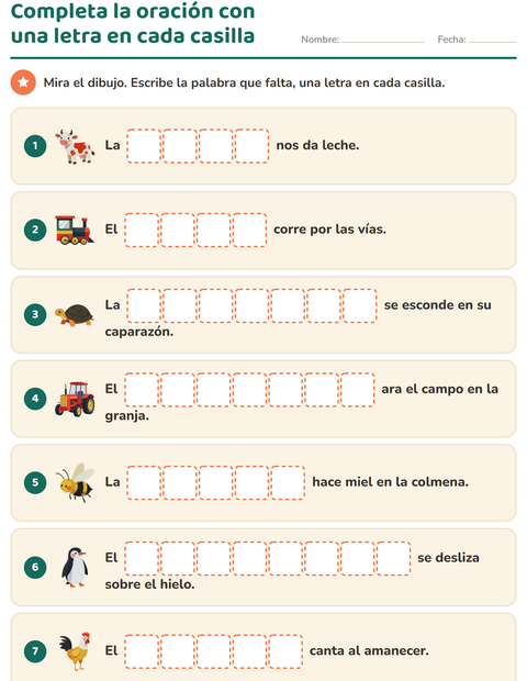 Vista previa de Completa la oración escribiendo una letra en cada casilla — primer grado