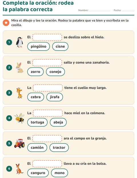 Completa la oración: rodea la palabra correcta y escríbela — primer grado