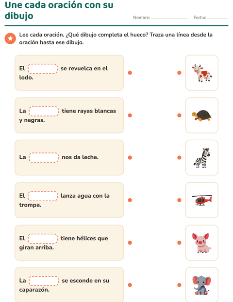 Vista previa de Une cada oración con el dibujo que completa el hueco — primer grado