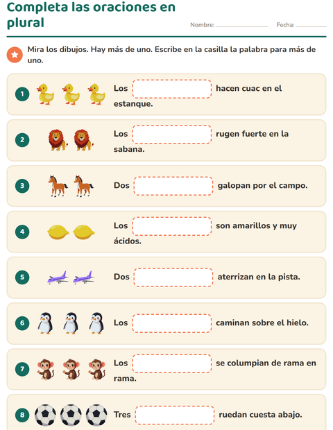 Completa las oraciones en plural: hay más de uno — segundo grado