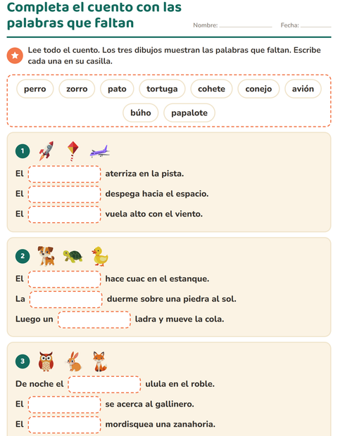 Completa el cuento: tres escenas con las palabras que faltan — segundo grado